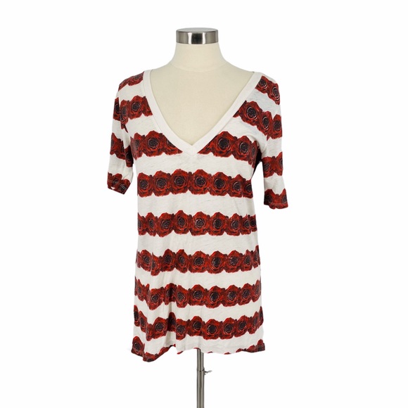 Chaser Rose Print V-Neck Tee Shirt Size S K40 - Picture 1 of 8